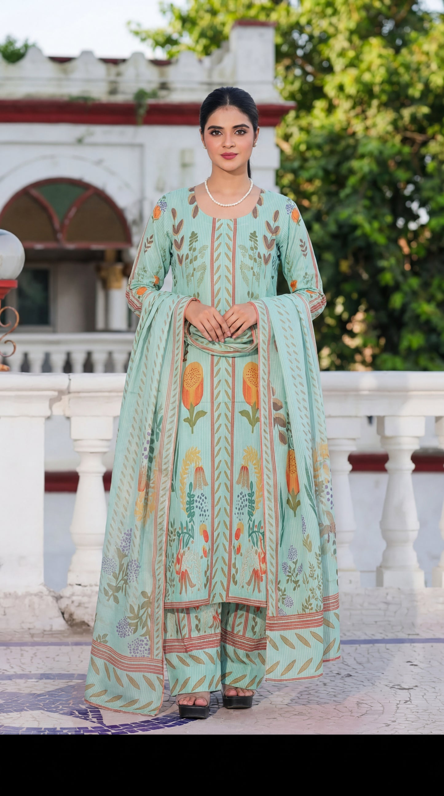 The Elegant Choice: Mint Green Floral Print 3-Piece Lawn Suit with Matching Dupatta