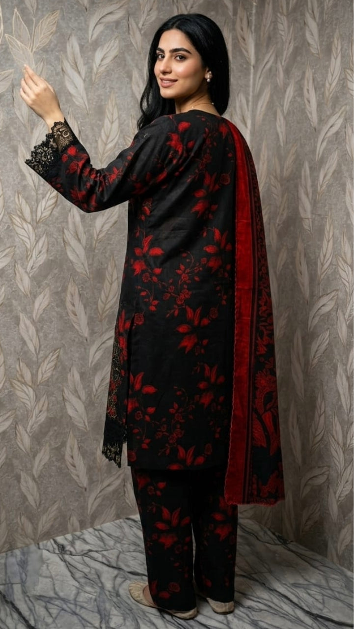 Elegant 3-Piece Floral Embroidered Stitched Suit - Midnight Rose
