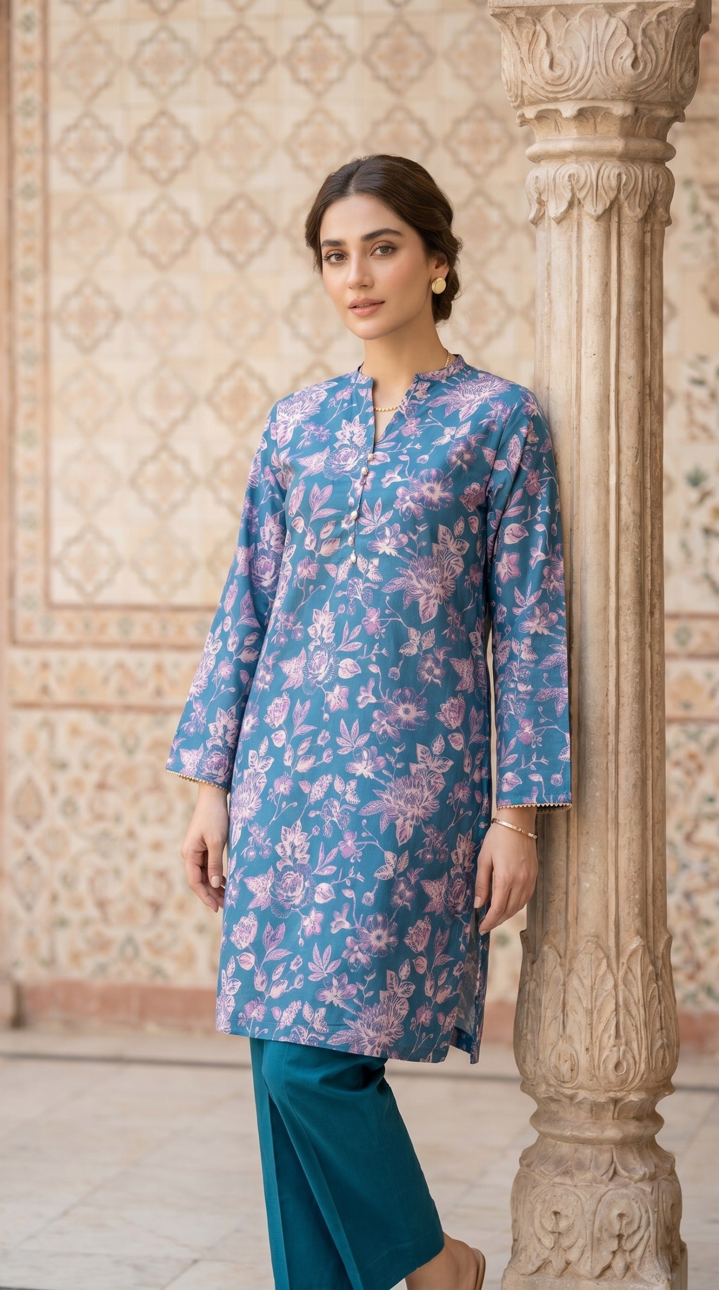 Elegant Steel Blue Floral Printed Kurti