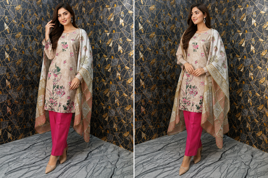 Elegant Floral Printed 3-Piece Stitched Lawn Suit – Sand & Magenta