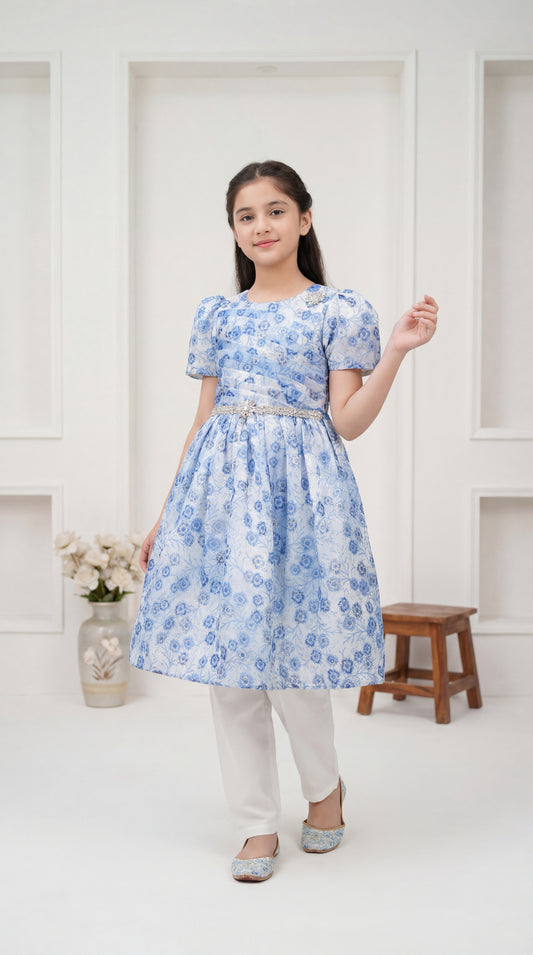 Enchanted Azure Floral Brocade Party Dress – Silver Embellished Girls' Frock