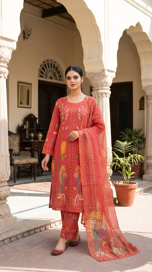 Elegant Botanical Print 3-Piece Suite – Coral Organza & Lawn Collection