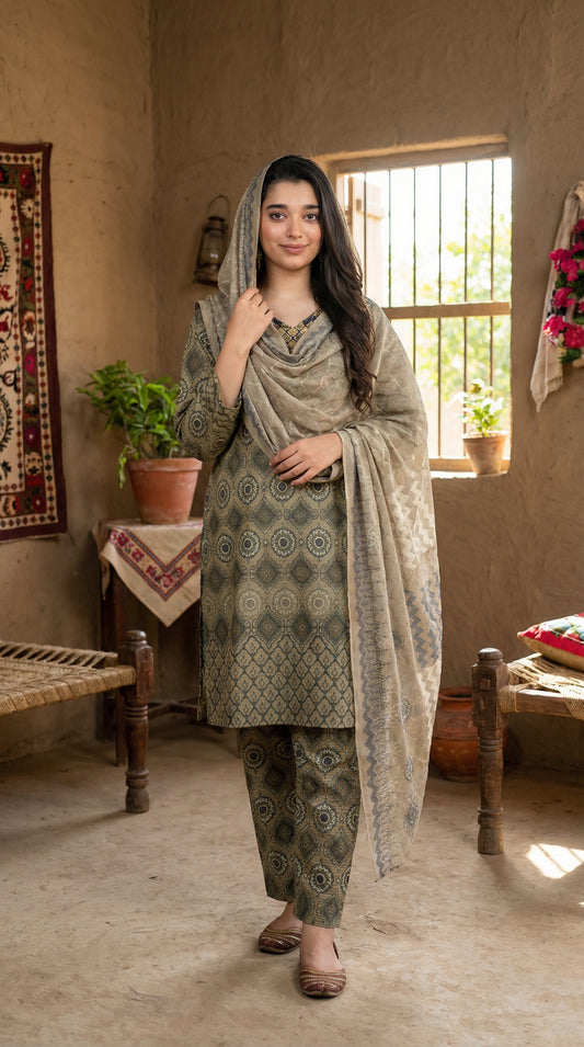 Vintage Olive Geometric Print Kurta Set with Chiffon Dupatta