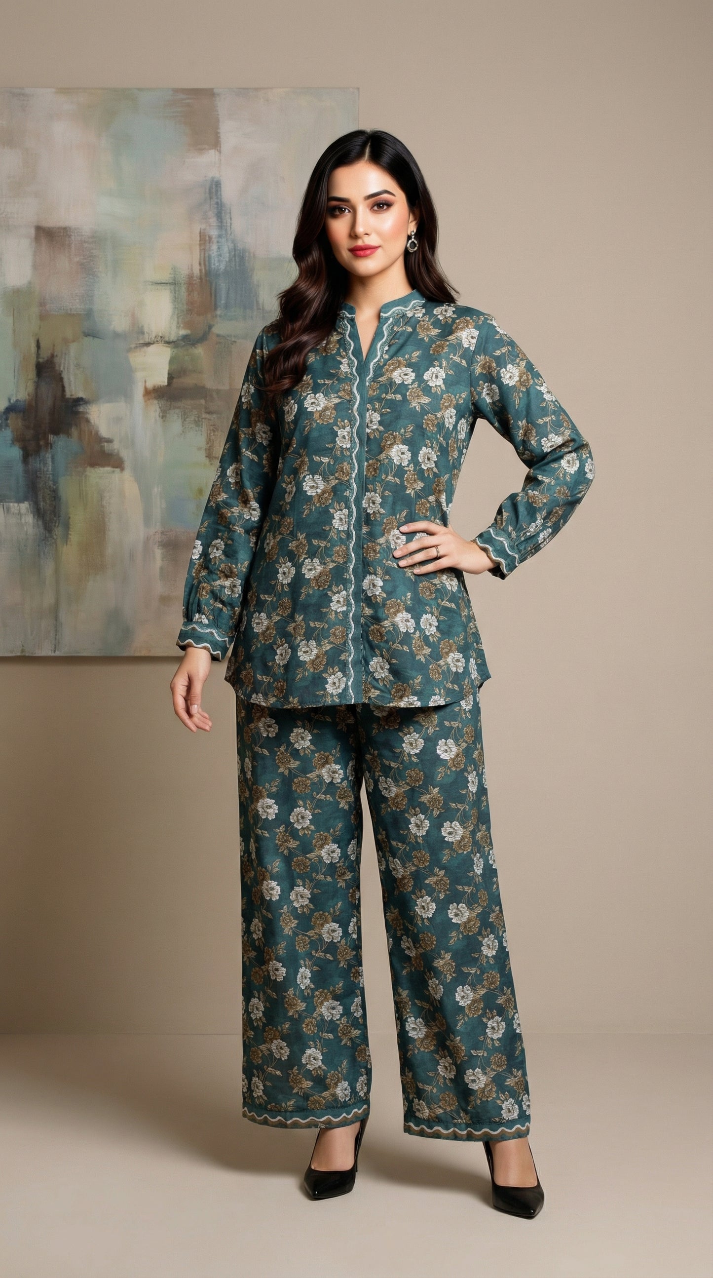 Teal Floral Print Cotton Co-ord Set – 2-Piece Mid-Length Tunic & Trouser Suit