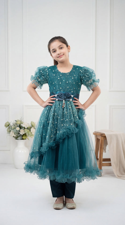 Girls' Enchanted Teal Star-Dust Tulle Frock – 3-Piece Festive Set