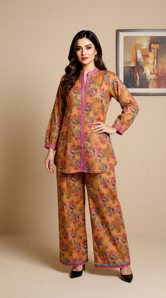 Mustard Floral Print Co-ord Set | 2-Piece Cotton Fusion Suit