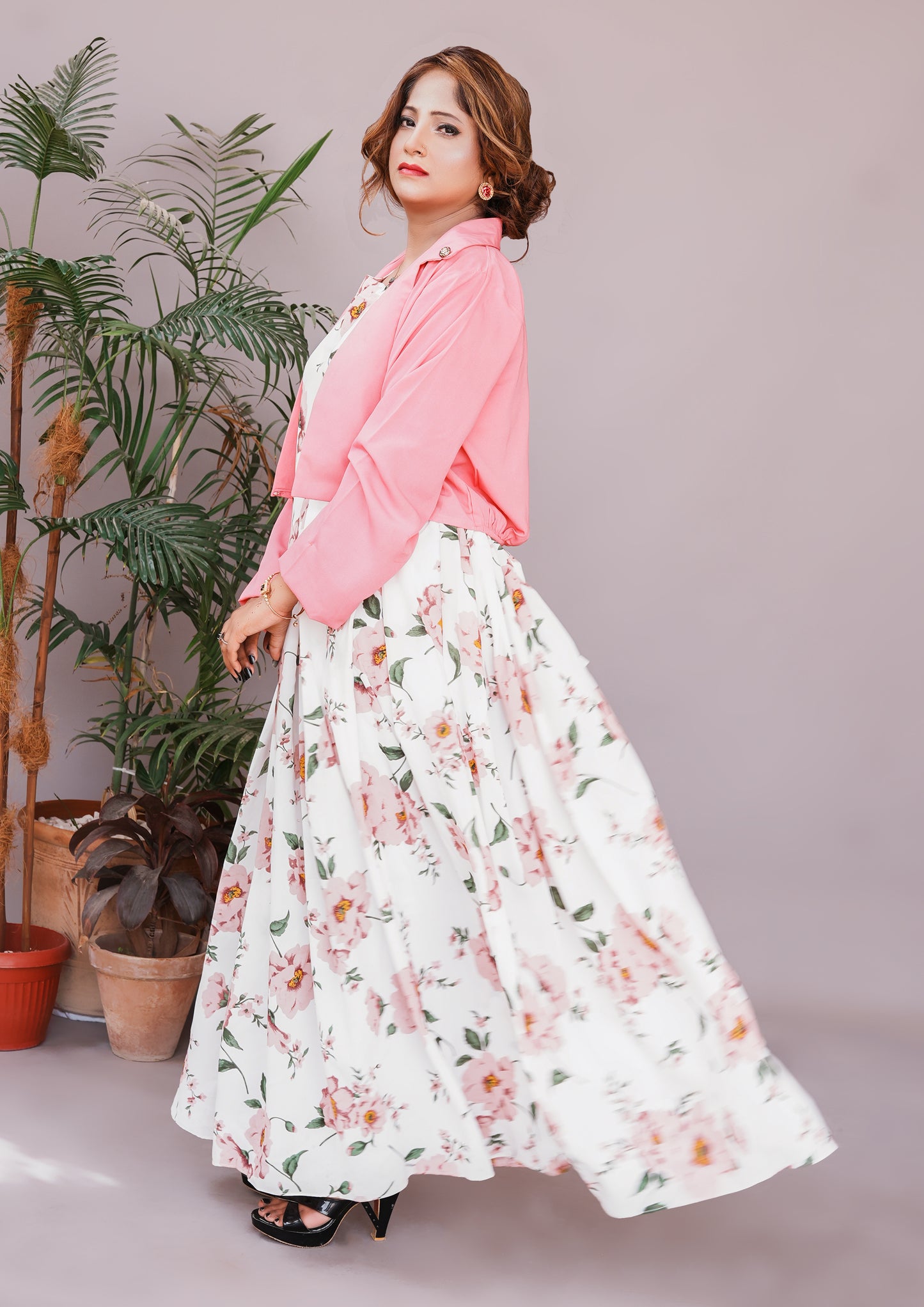 2 Pc Western Style Blossom Charm Georgette Dress with Pink Shrug