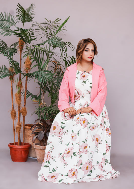 2 Pc Western Style Blossom Charm Georgette Dress with Pink Shrug