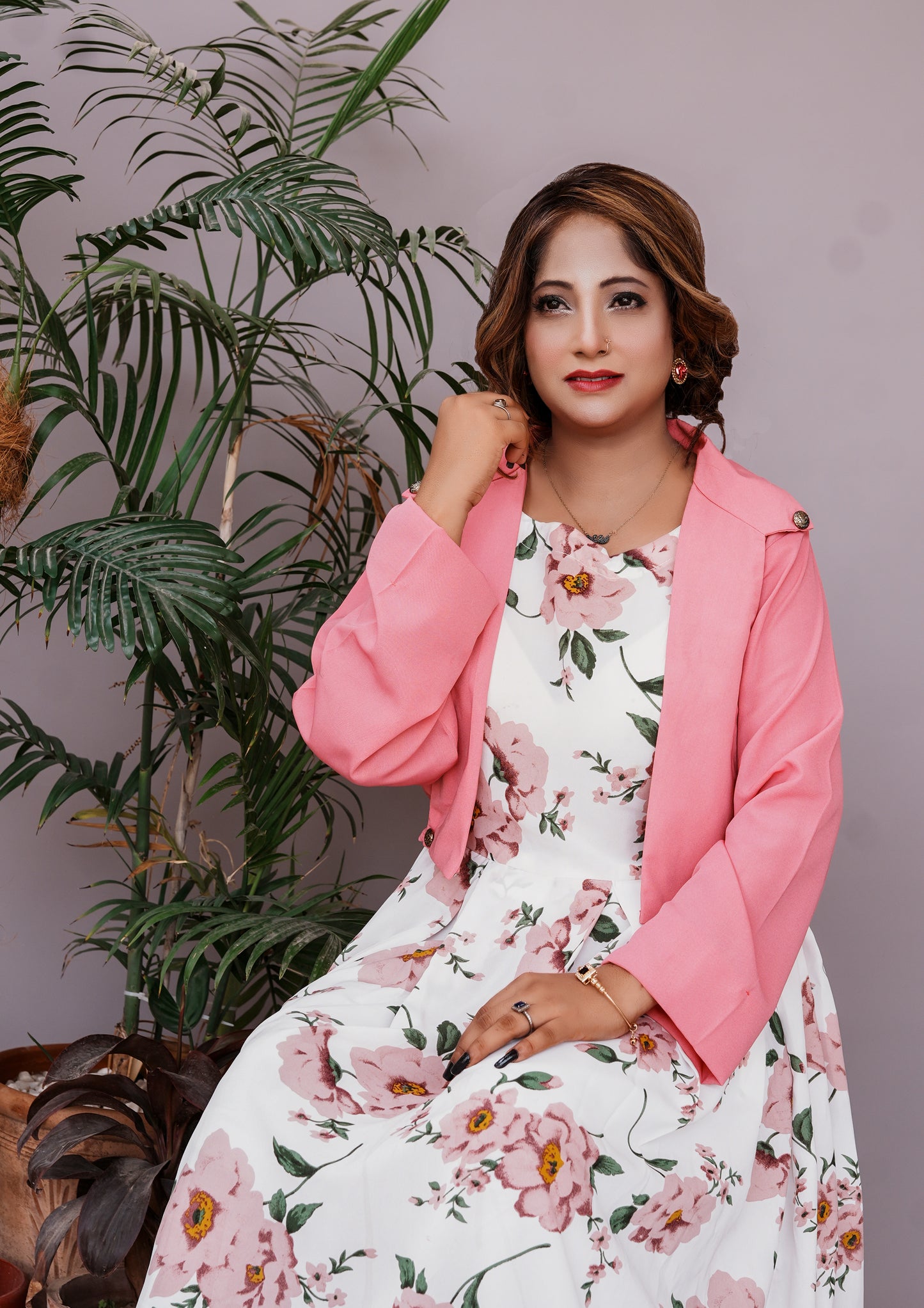 2 Pc Western Style Blossom Charm Georgette Dress with Pink Shrug