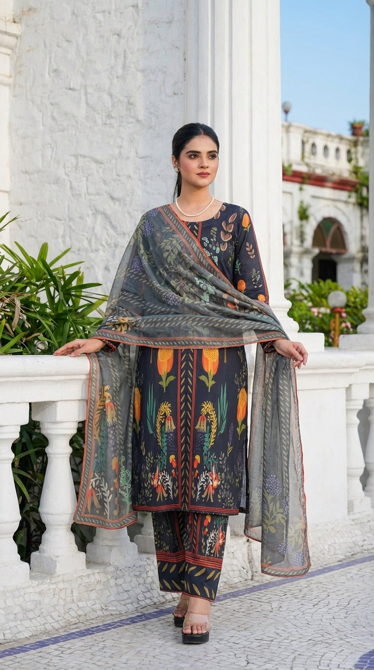 Midnight Botanical Floral 3-Piece Printed Lawn Suit