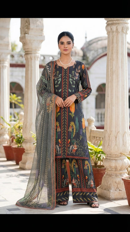Midnight Botanical Floral 3-Piece Printed Lawn Suit