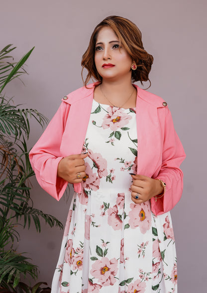 2 Pc Western Style Blossom Charm Georgette Dress with Pink Shrug