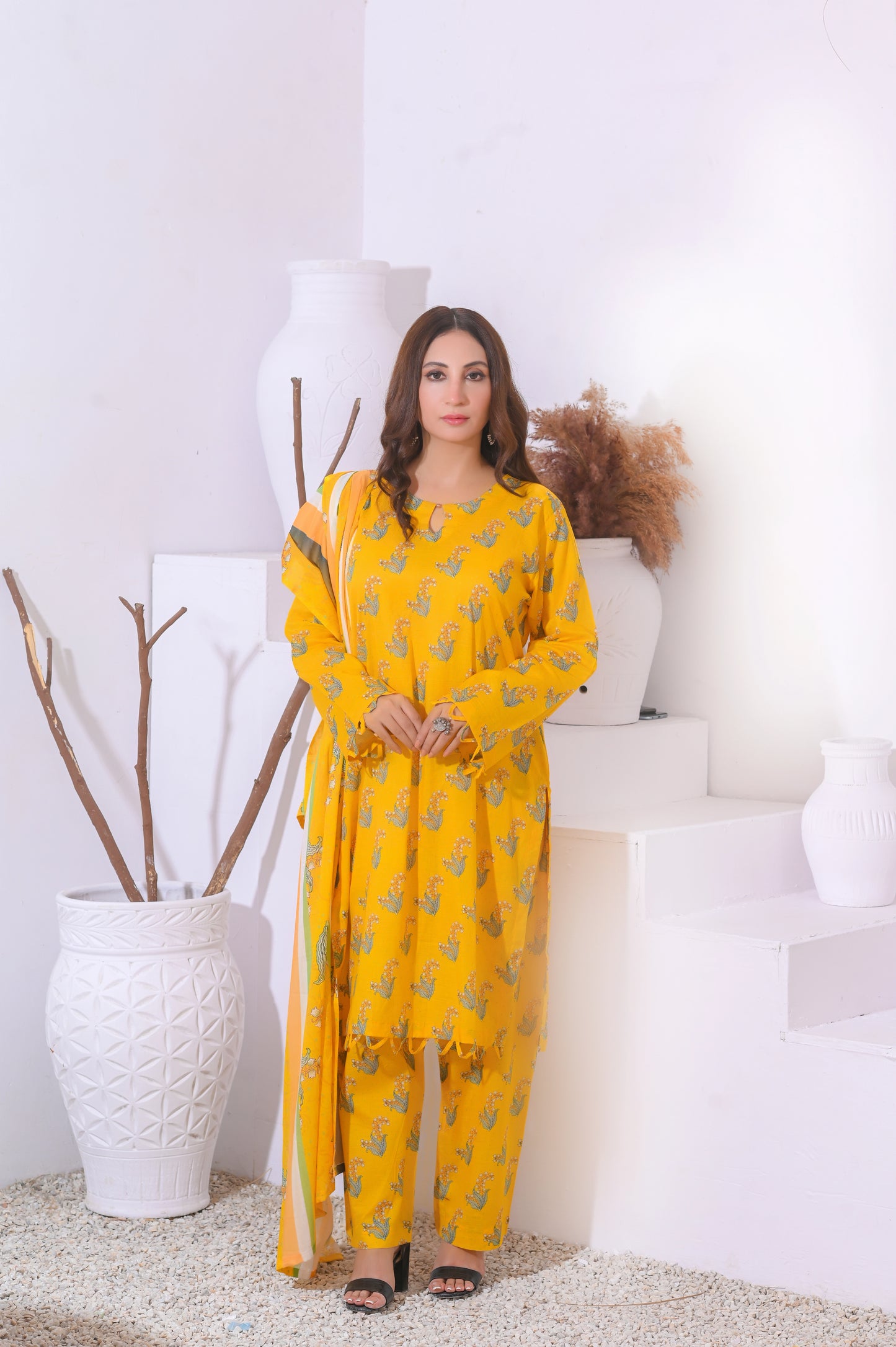 Yellow Charm 3-Piece Printed Lawn Suit.