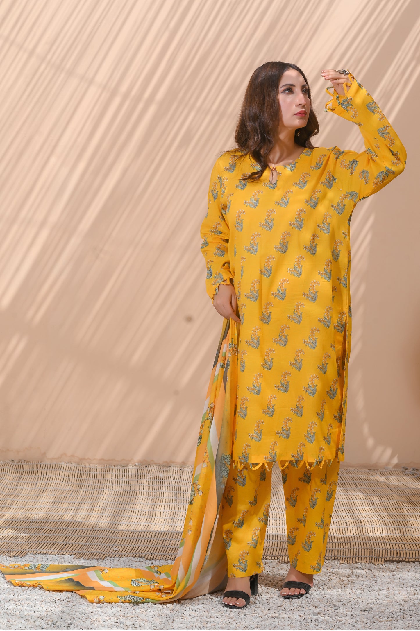 Yellow Charm 3-Piece Printed Lawn Suit.