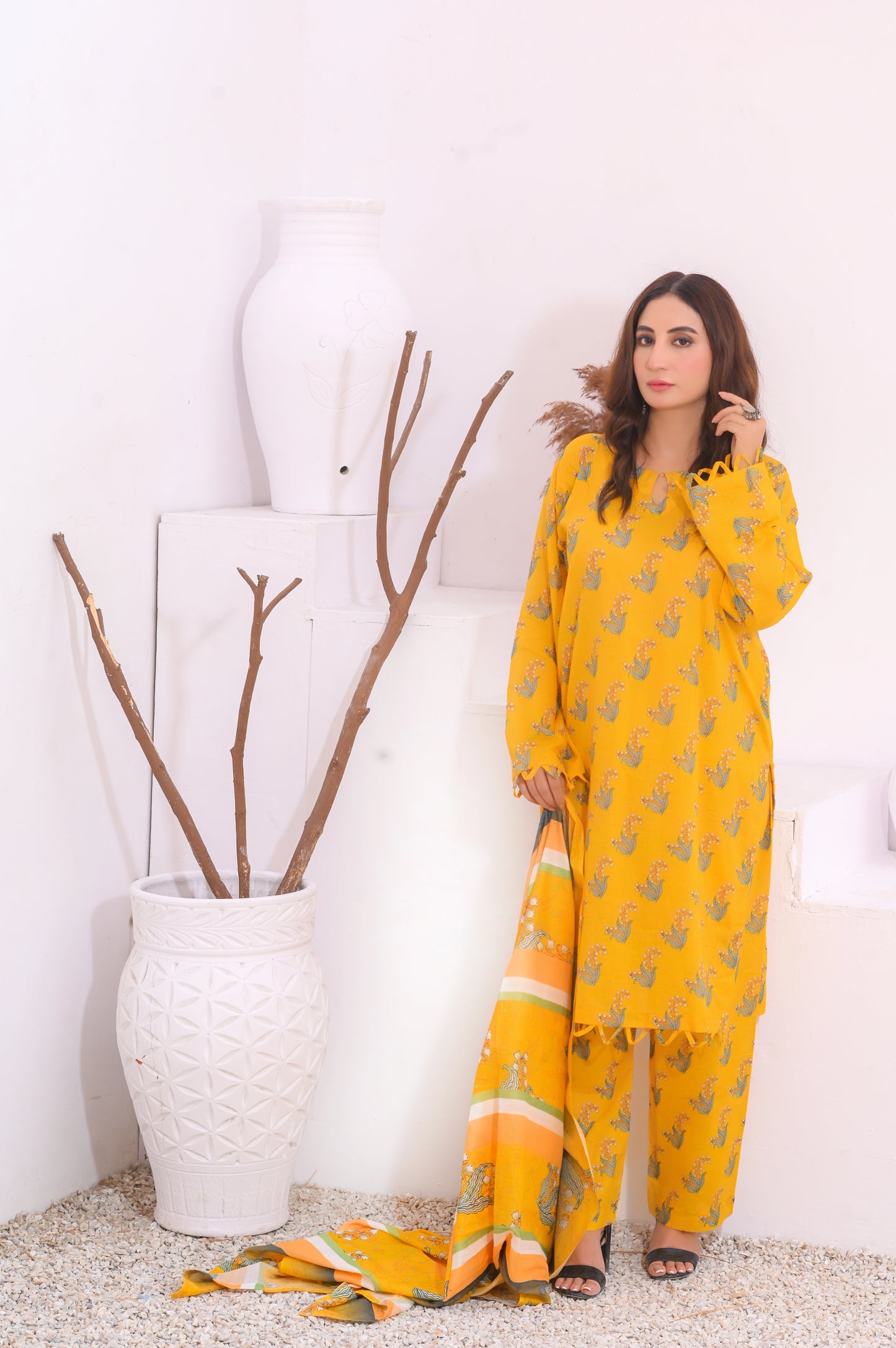 Yellow Charm 3-Piece Printed Lawn Suit.