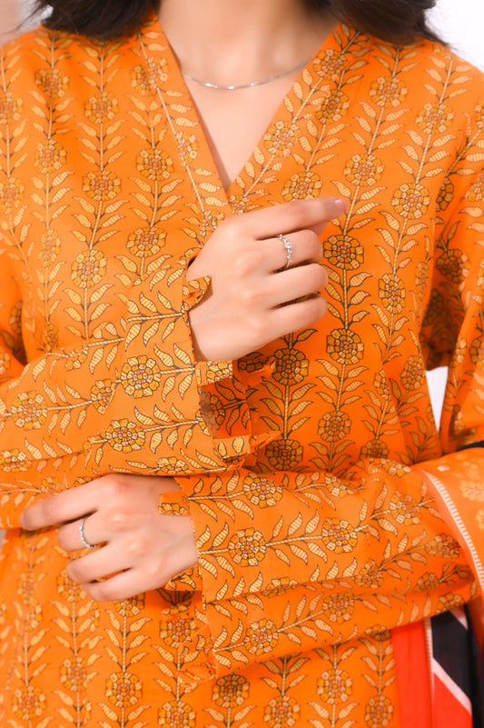 Elegant orange  3-Piece Lawn Suit.