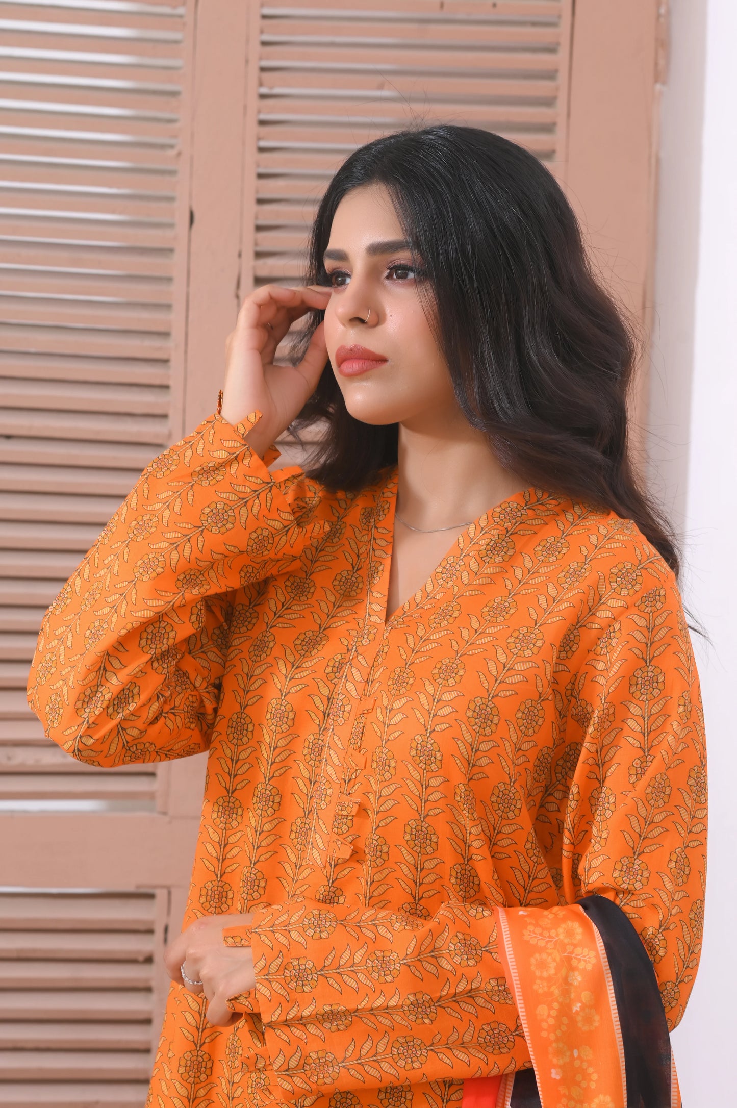 Elegant orange  3-Piece Lawn Suit.