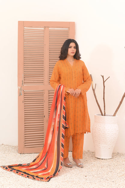 Elegant orange  3-Piece Lawn Suit.