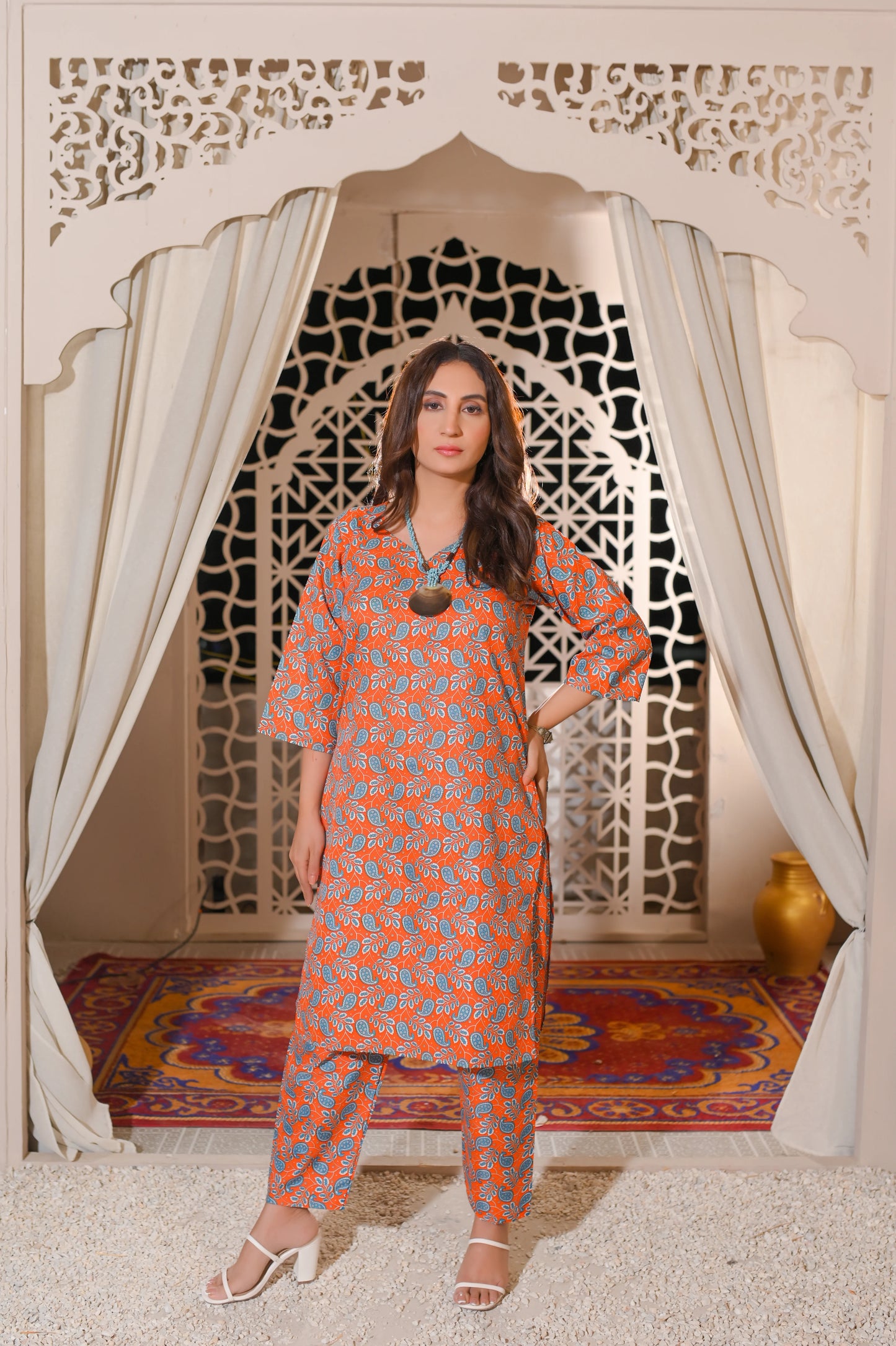 Orange Paisley Printed 2-Piece Cotton Suit.
