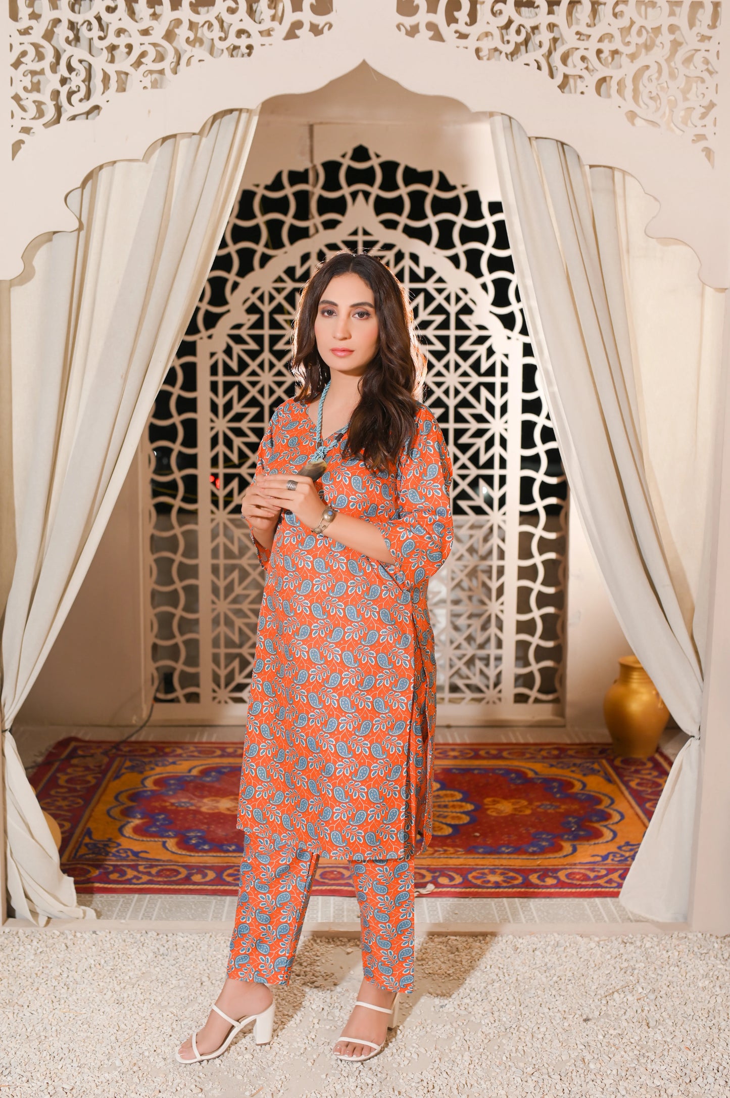 Orange Paisley Printed 2-Piece Cotton Suit.