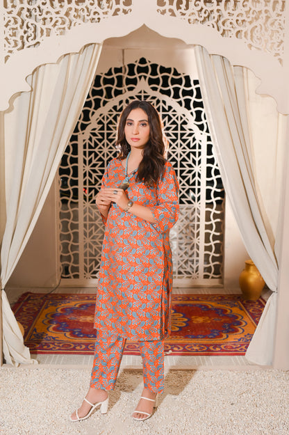 Orange Paisley Printed 2-Piece Cotton Suit.