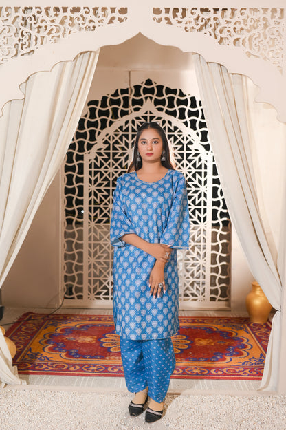 Blue Floral Printed 2-Piece Cotton Suit.
