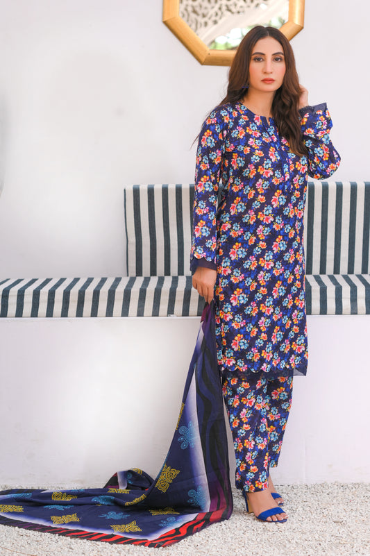 Midnight Blossom – 3 Piece Printed Lawn Suit.