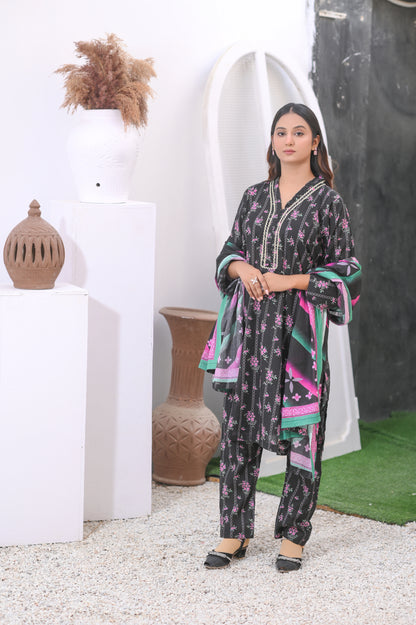 Elegant Black 3-Piece Stitched Lawn Suit.