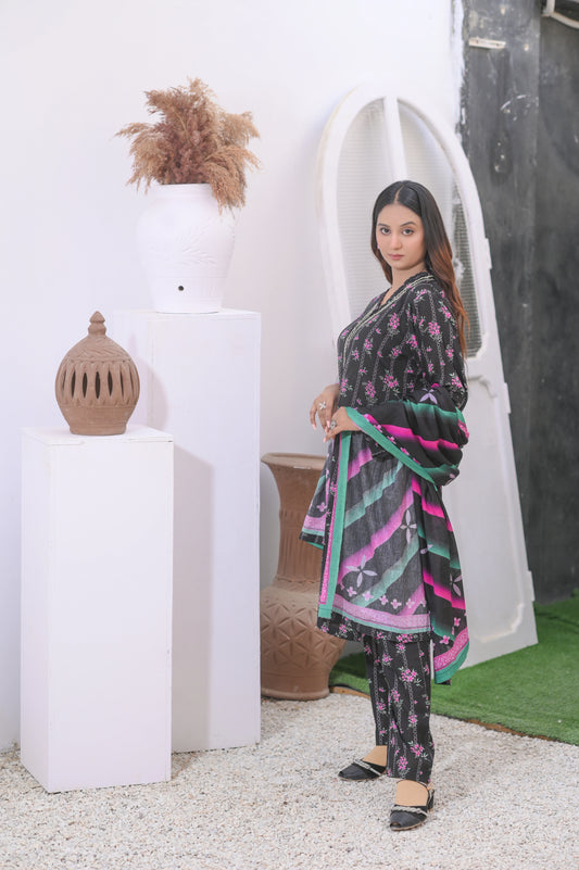 Elegant Black 3-Piece Stitched Lawn Suit.
