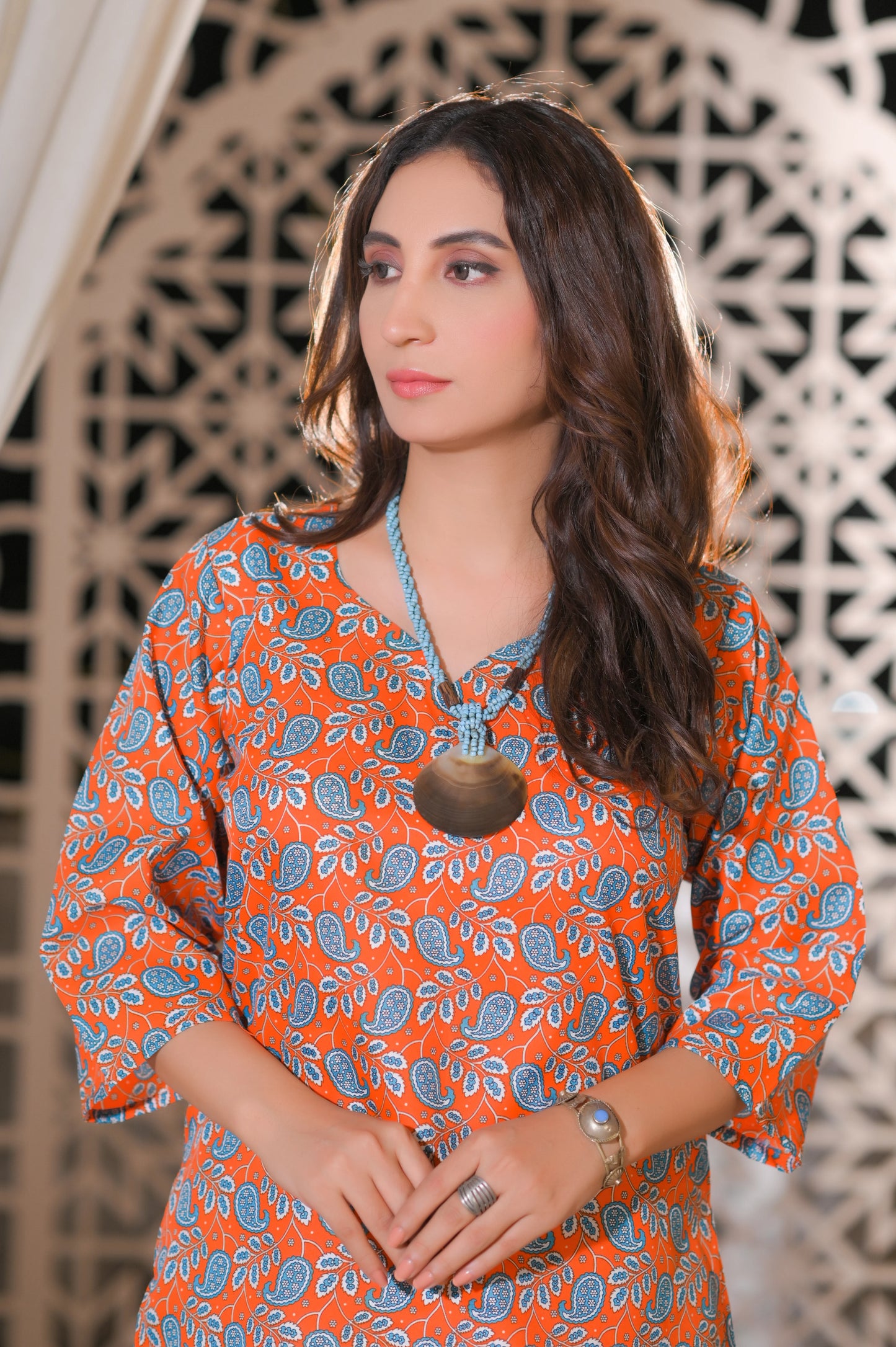 Orange Paisley Printed 2-Piece Cotton Suit.