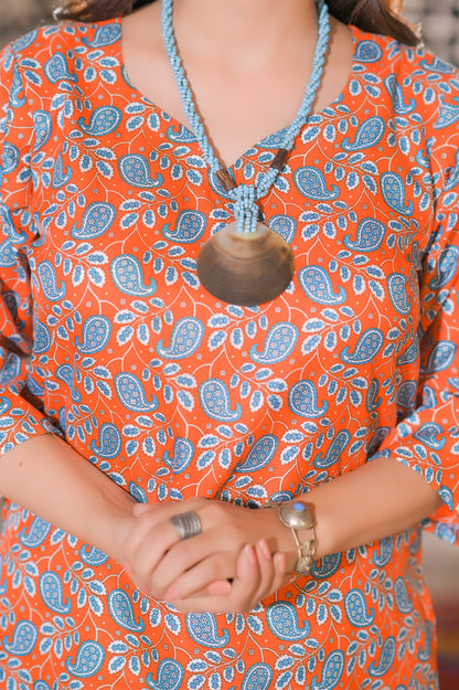 Orange Paisley Printed 2-Piece Cotton Suit.