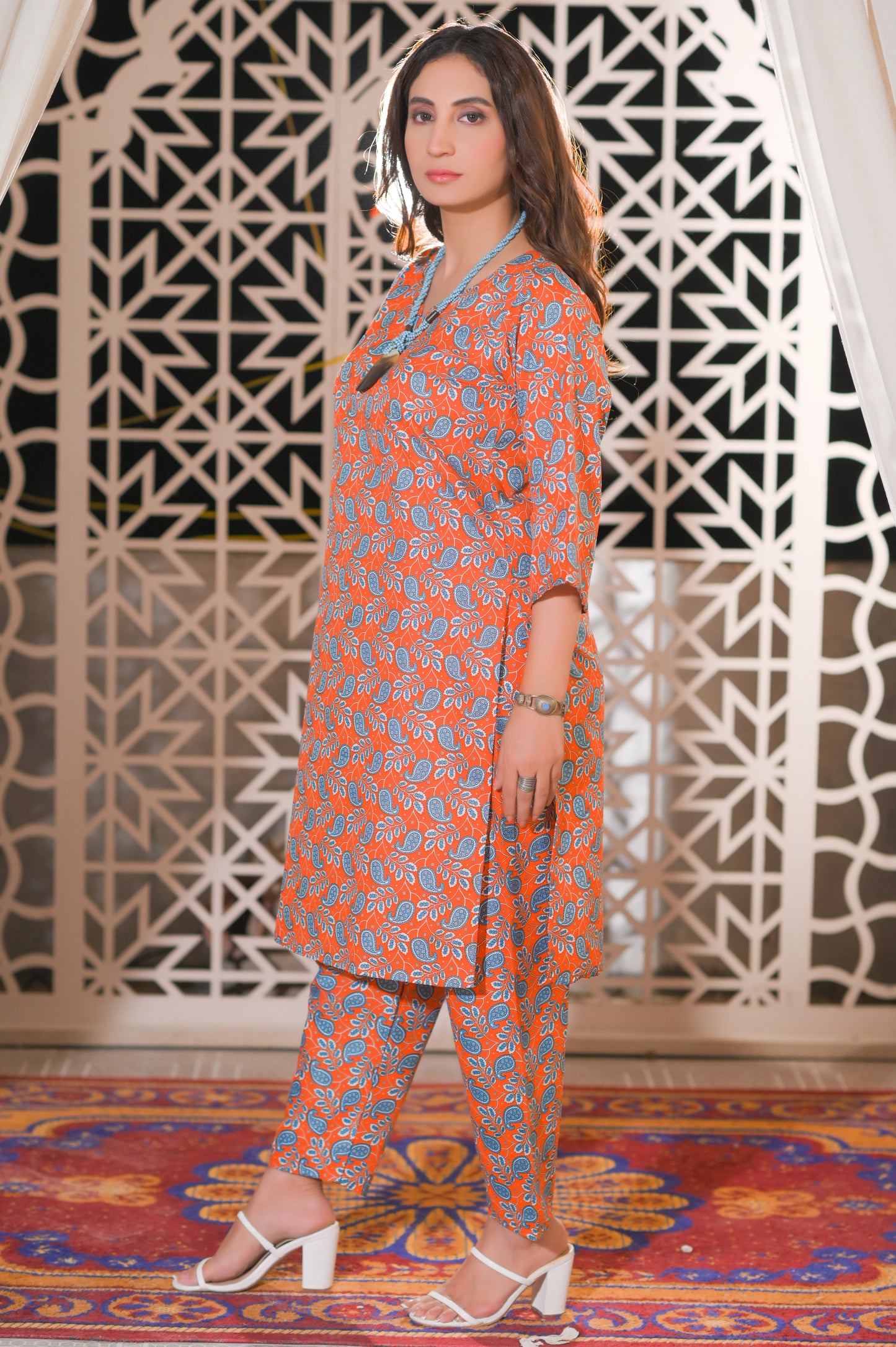 Orange Paisley Printed 2-Piece Cotton Suit.