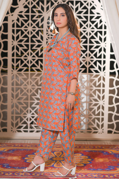 Orange Paisley Printed 2-Piece Cotton Suit.