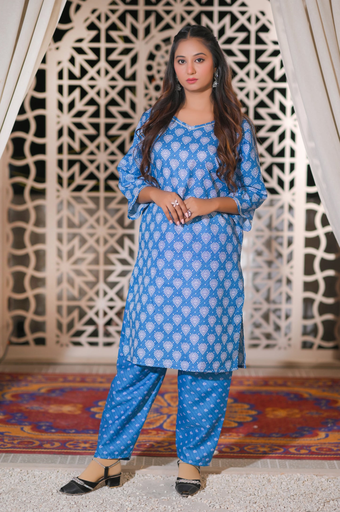 Blue Floral Printed 2-Piece Cotton Suit.