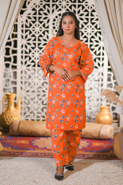 Orange Floral 2-Piece Cotton Suit.