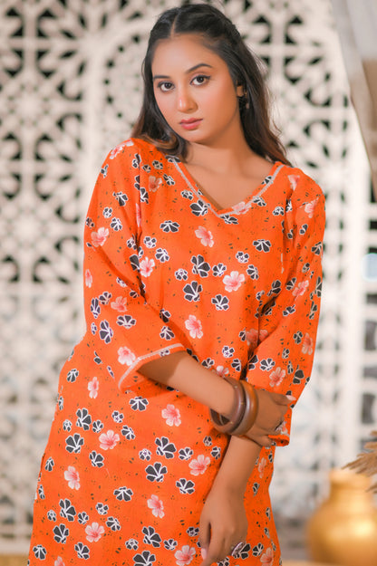 Orange Floral 2-Piece Cotton Suit.