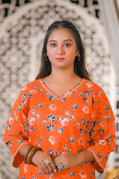 Orange Floral 2-Piece Cotton Suit.