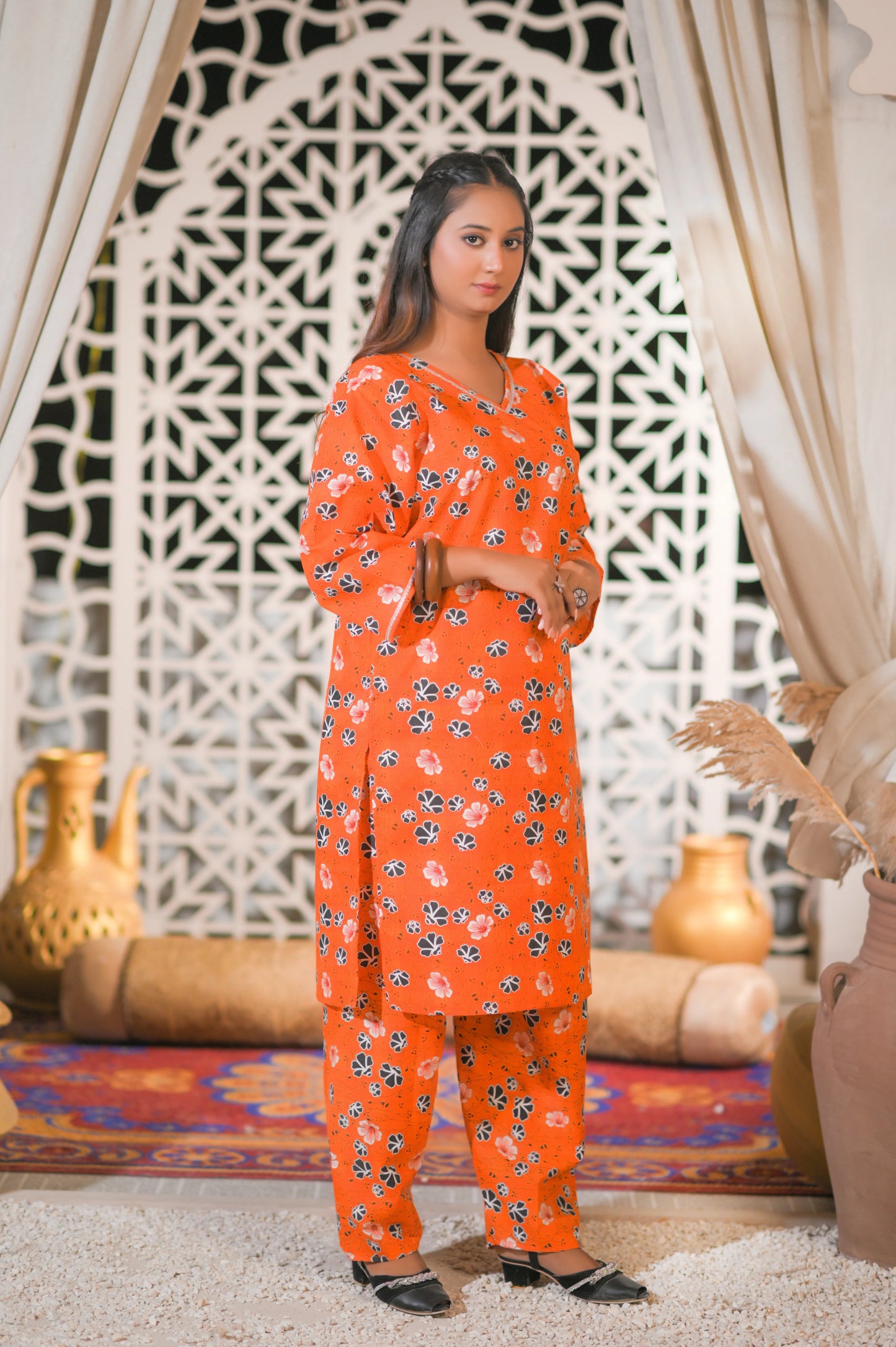 Orange Floral 2-Piece Cotton Suit.