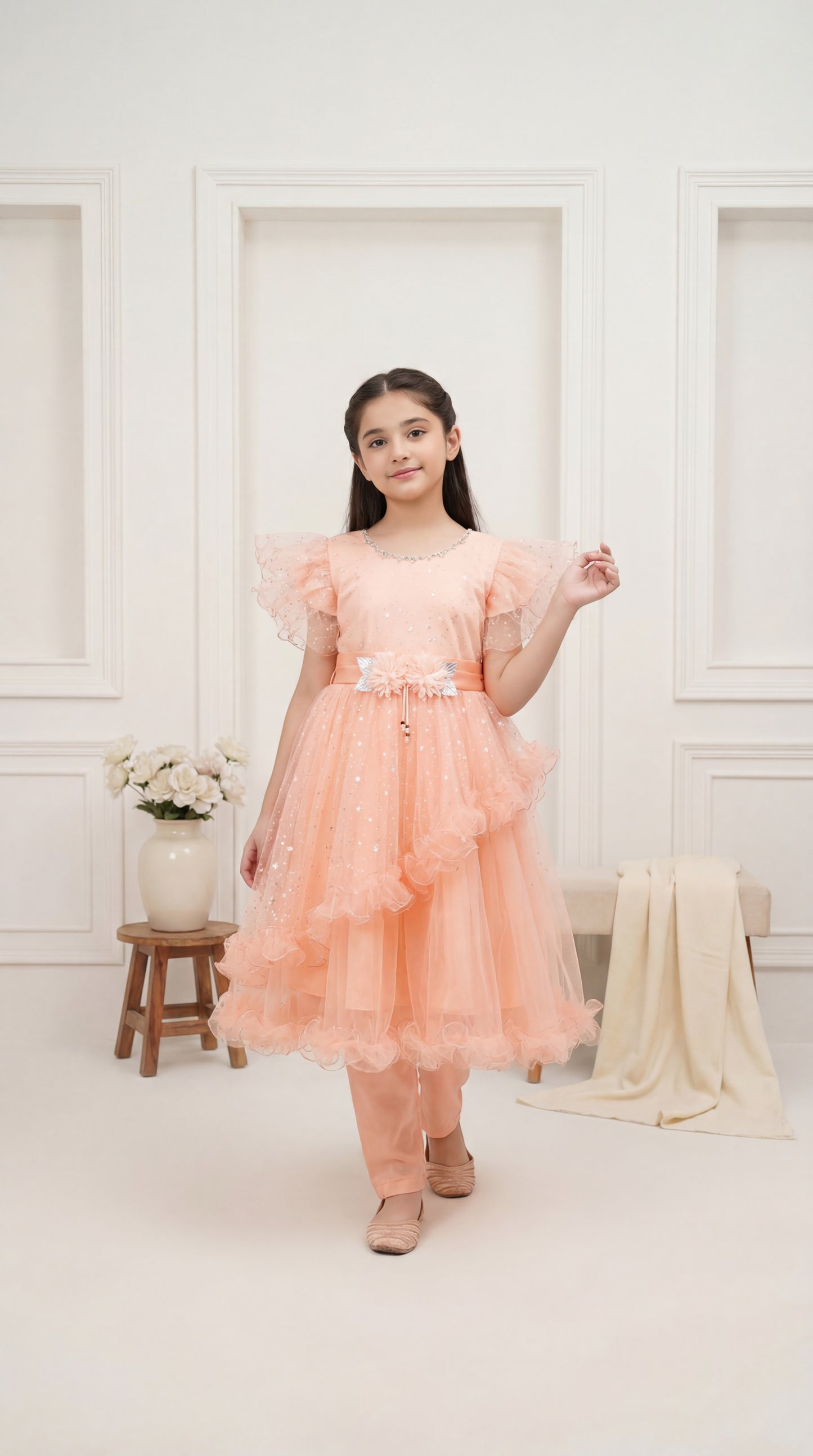 Sparkling Peach Ruffled Princess Frock with Matching Trousers