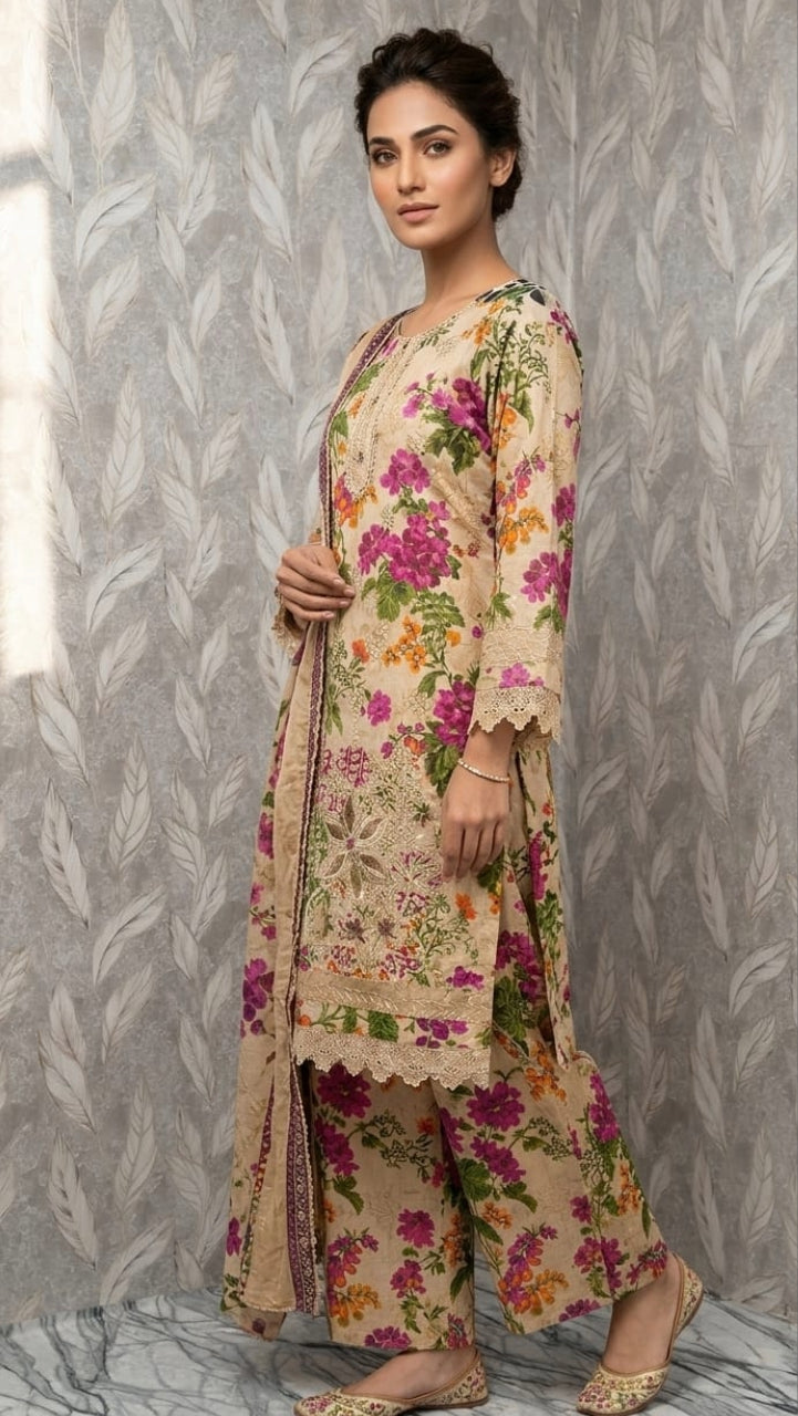 Floral Meadow: 3-Piece Printed & Embroidered Lawn Ensembl