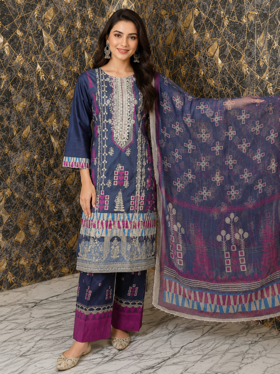 Midnight Azure Geometric 3-Piece Emboroided Lawn stitched Suit