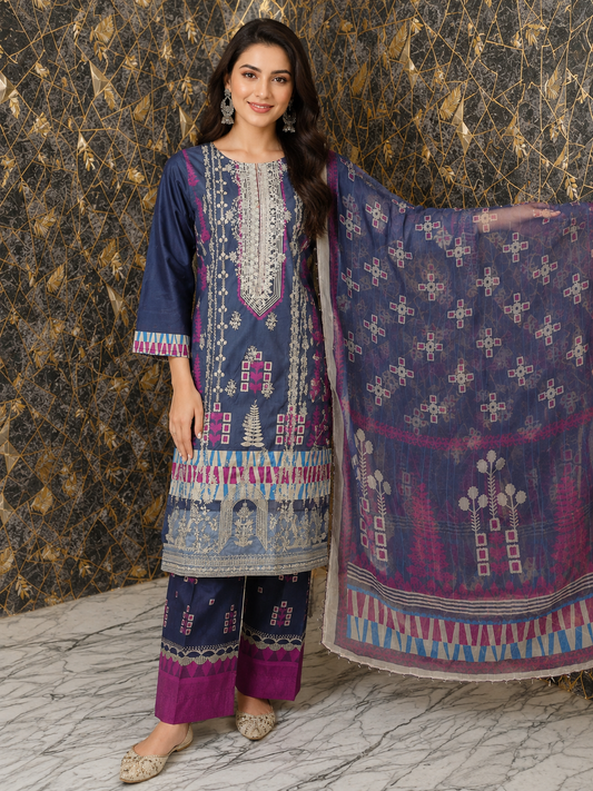 Midnight Azure Geometric 3-Piece Emboroided Lawn stitched Suit