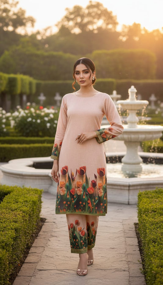 Sunset Tulip Printed Linen Co-ord Set in Peach