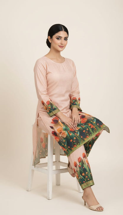 Sunset Tulip Printed Linen Co-ord Set in Peach