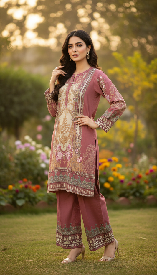 Rosewood Elegance – 2-Piece Printed & Embroidered Lawn Suit