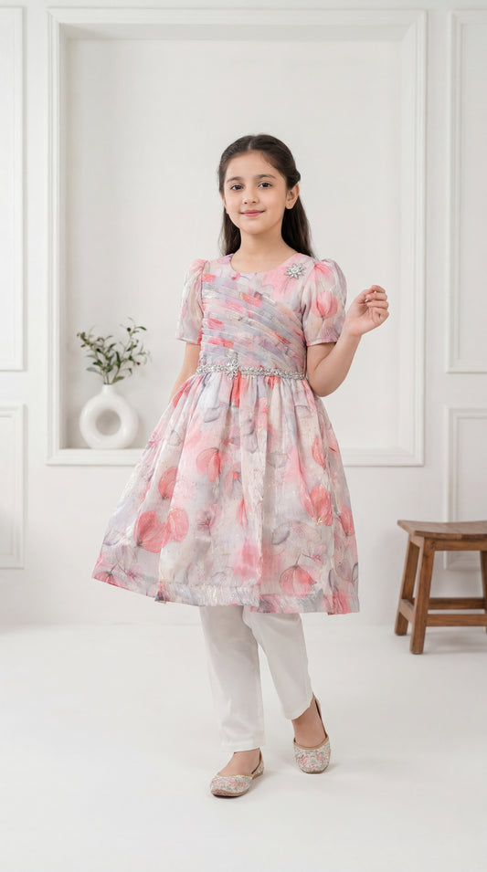 Girls’ Pink Floral Organza Party Frock with Pleated Bodice and Embellished Belt