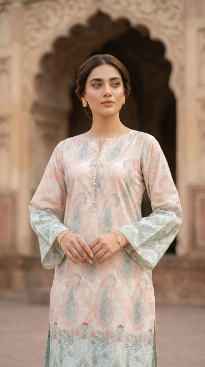Pastel Serenade – Blush Pink & Mint Green Paisley Printed Kurti