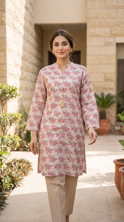 Blush Pink Floral Printed Lawn Kurti – Elegant V-Neck Straight Tunic