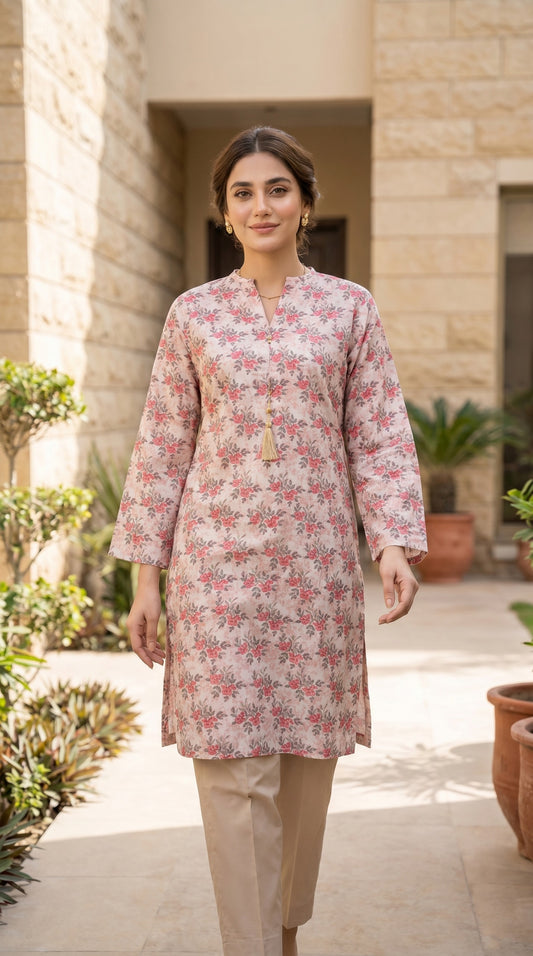 Blush Pink Floral Printed Lawn Kurti – Elegant V-Neck Straight Tunic