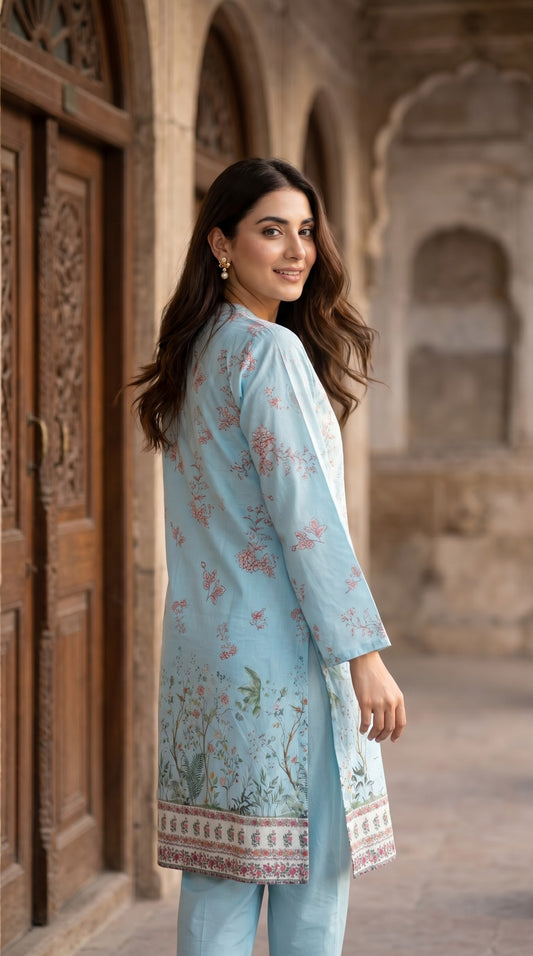 Sky Blue Floral Printed Kurti – Elegant Lawn Casual Tunic